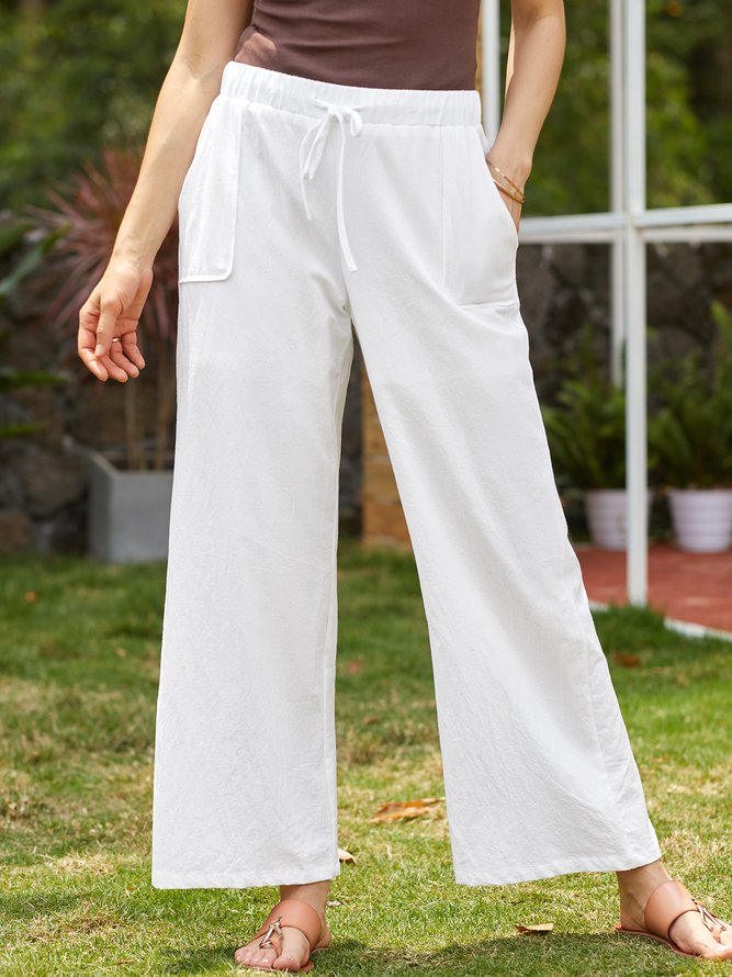 Women Solid Basic Drawstring Waist Linen Cotton Wide Leg Pants With Pockets