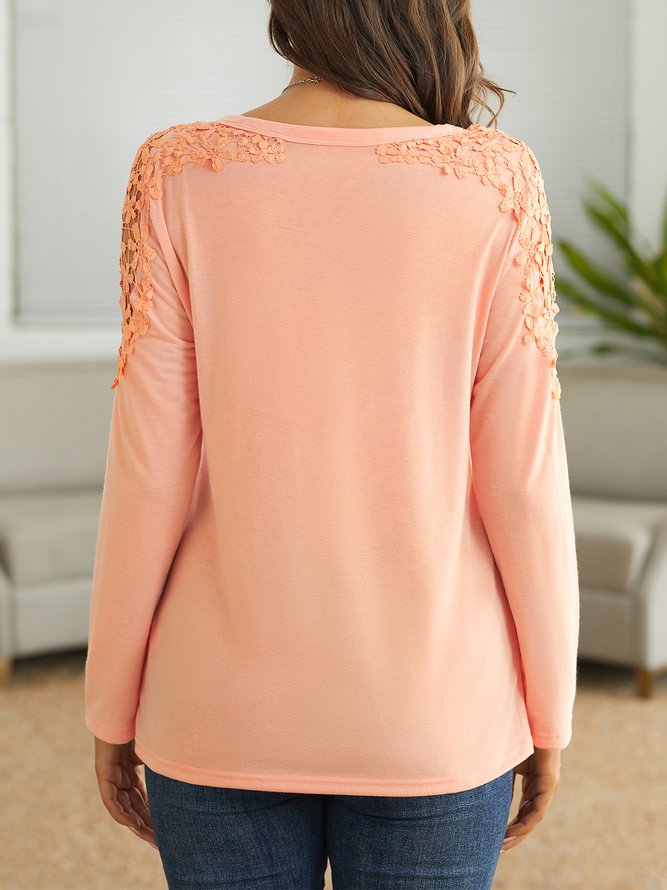 Women Hollow Out Lace Crew Neck Long Sleeve Top