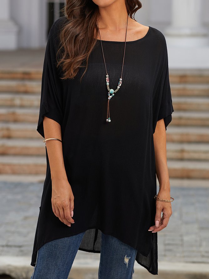 Summer Loose Solid Casual Short Sleeve Cotton and Linen Tunic Top