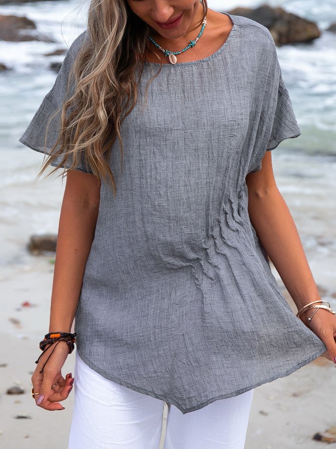 Women Ruched Asymmetric Lightweight Short Sleeve Casual Summer Tunic Top