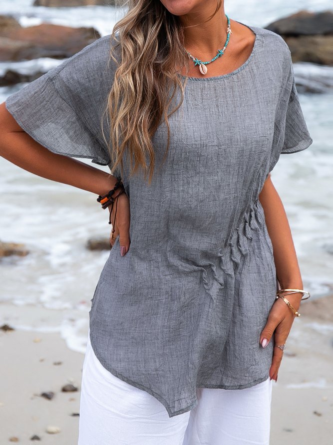 Women Ruched Asymmetric Lightweight Short Sleeve Casual Summer Tunic Top
