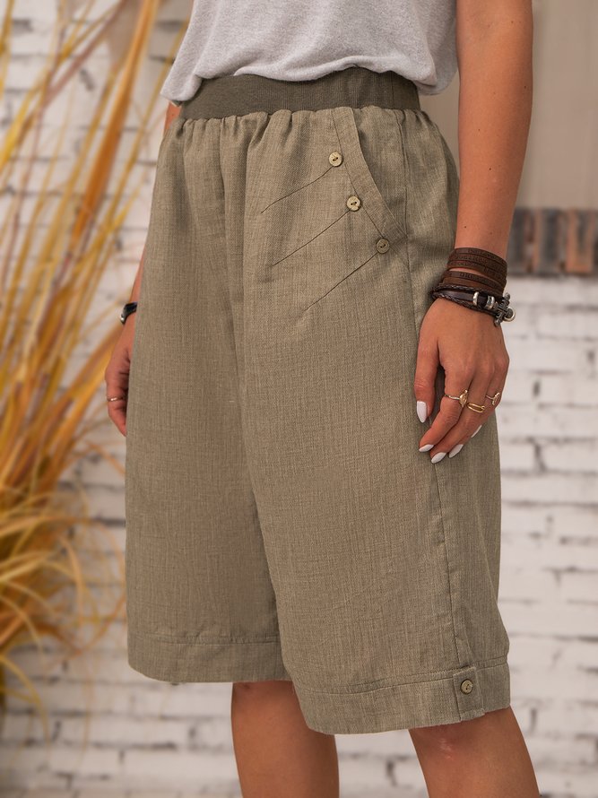 Women Casual Vintage Buttoned Pockets Khaki Summer Linen Shorts