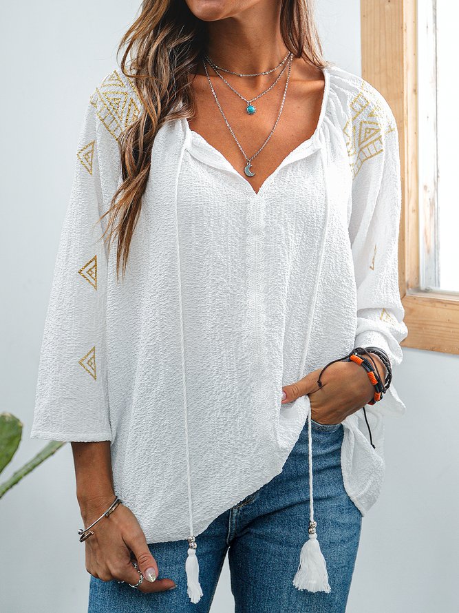 V Neck Polyester Cotton 3/4 Sleeve Shirts & Tops