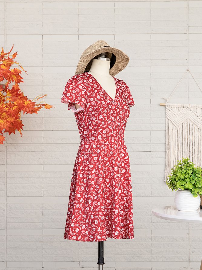 Floral Slim Pullover Women Dress Short Sleeve Floral Dress