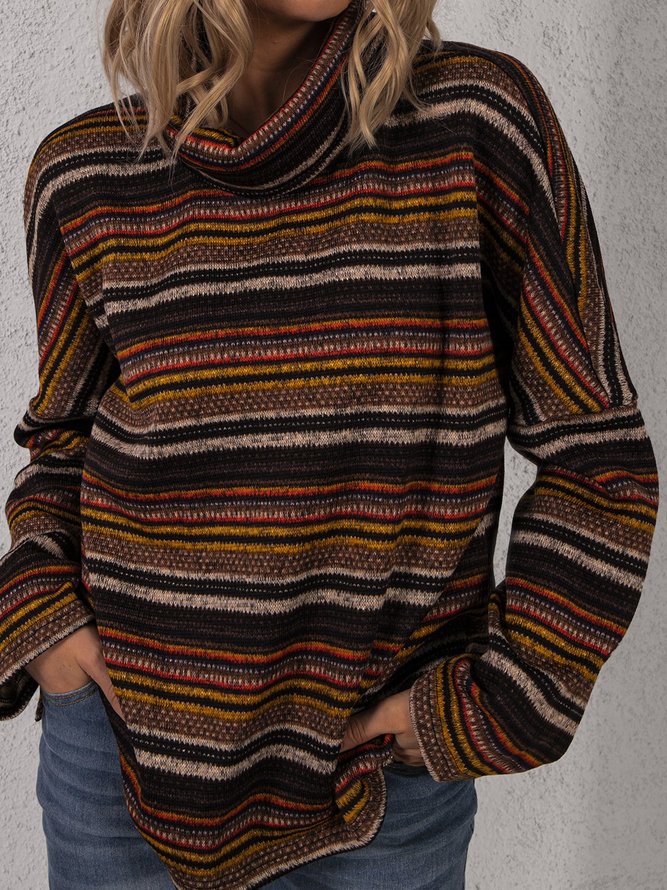 Turtleneck Long Sleeve Striped Drop-Shoulder Sweater
