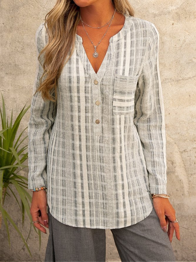 Stripe Button Down V Neck Pocket Casual Long Sleeve Blouse