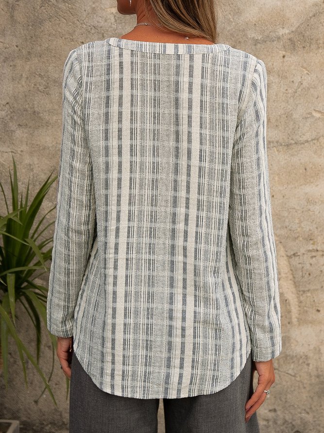 Stripe Button Down V Neck Pocket Casual Long Sleeve Blouse