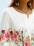 Women Casual Floral Flowy Three Quarter Sleeve Ruched V Neck Buttoned Tunic Top