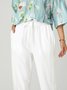 Women Drawstring Waist Cotton Linen Hollow Out Lace Pockets Casual Plain Pants