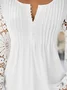 Women Basic Ruched Lace Floral Hollow Out V Neck Buttoned Plain Long Sleeve Tunic Top