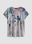 Vacation Floral Gradient Pattern Cotton Blends Crew Neck Summer T-shirt