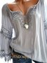 Women V Neck Casual Long Sleeve Cutout Paneled Lace Blouses