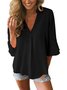 Women Casual Flowy 3/4 Sleeve V Neck Solid Lightweight Blouse