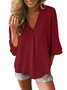 Women Casual Flowy 3/4 Sleeve V Neck Solid Lightweight Blouse