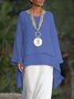 Plain Asymmetrical Hem Casual Loose Three Quarter Sleeve Crew Neck Linen Tunic