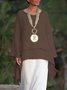 Plain Asymmetrical Hem Casual Loose Three Quarter Sleeve Crew Neck Linen Tunic