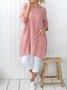 Women Pockets Plain Casual Three Quarter Sleeve Cotton and Linen Tunic Top