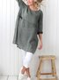 Women Pockets Plain Casual Three Quarter Sleeve Cotton and Linen Tunic Top