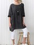 Women Pockets Plain Casual Three Quarter Sleeve Cotton and Linen Tunic Top