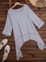 Plain Asymmetrical Hem Casual Loose Three Quarter Sleeve Crew Neck Linen Tunic