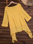 Plain Asymmetrical Hem Casual Loose Three Quarter Sleeve Crew Neck Linen Tunic