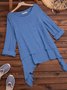 Plain Asymmetrical Hem Casual Loose Three Quarter Sleeve Crew Neck Linen Tunic