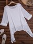 Plain Asymmetrical Hem Casual Loose Three Quarter Sleeve Crew Neck Linen Tunic
