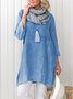 Women Pockets Plain Casual Three Quarter Sleeve Cotton and Linen Tunic Top