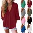 Women Casual Flowy 3/4 Sleeve V Neck Solid Lightweight Blouse