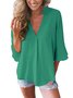 Women Casual Flowy 3/4 Sleeve V Neck Solid Lightweight Blouse