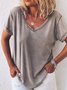 Women Casual Solid Plus Size Loosen V Neck Short Sleeve Summer T-shirt