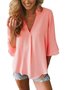 Women Casual Flowy 3/4 Sleeve V Neck Solid Lightweight Blouse