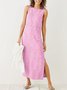 Women Casual Plus Size Stripe Crew Neck Sleeveless Split Summer Maxi Dress