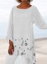 Women Loose Floral Asymmetric Hem Three Quarter Sleeve Blouse Tunic Top