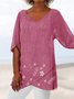 Floral Loose V Neck Asymmetric Hem Plus Size Half sleeve Summer Linen Tunic Top