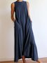 Round Neck Loose Solid Sleeveless Maxi Summer Dress with Pockets