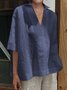 Women Casual Plain Half Sleeve V Neck Summer Loose Cotton and Linen Tunic Top