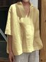 Women Casual Plain Half Sleeve V Neck Summer Loose Cotton and Linen Tunic Top