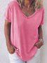 Women Casual Solid Plus Size Loosen V Neck Short Sleeve Summer T-shirt