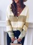 Roselinlin Long Sleeve White Yellow Pink Gray Women Top Cotton Casual V Neck Daily Color-Block Top