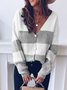 Roselinlin Long Sleeve White Yellow Pink Gray Women Top Cotton Casual V Neck Daily Color-Block Top
