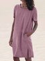 Women Casual Short Sleeve Pockets Daily Crew Neck Cotton Linen Sundress