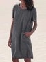 Women Casual Short Sleeve Pockets Daily Crew Neck Cotton Linen Sundress