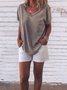 Women Casual Solid Plus Size Loosen V Neck Short Sleeve Summer T-shirt