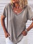 Women Casual Solid Plus Size Loosen V Neck Short Sleeve Summer T-shirt