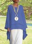 Plain Asymmetrical Hem Casual Loose Three Quarter Sleeve Crew Neck Linen Tunic