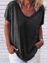 Women Casual Solid Plus Size Loosen V Neck Short Sleeve Summer T-shirt