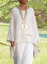 Plain Asymmetrical Hem Casual Loose Three Quarter Sleeve Crew Neck Linen Tunic