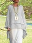 Plain Asymmetrical Hem Casual Loose Three Quarter Sleeve Crew Neck Linen Tunic