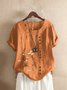 Women Crew Neck Plus Size Floral Buttoned Roll Up Short Sleeve Blouse